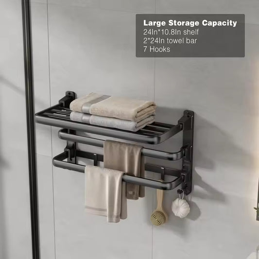 Foldable Wall-Mounted Towel Rack with Shelf & Hooks