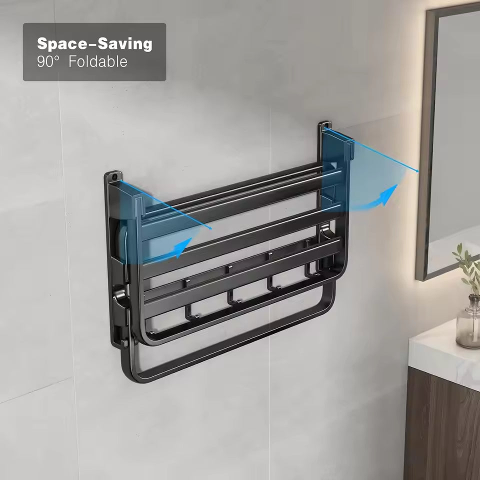 Foldable Wall-Mounted Towel Rack with Shelf & Hooks