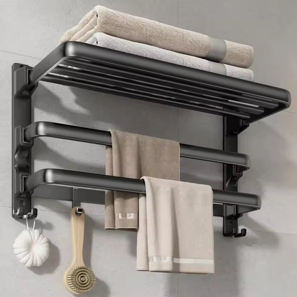 Foldable Wall-Mounted Towel Rack with Shelf & Hooks