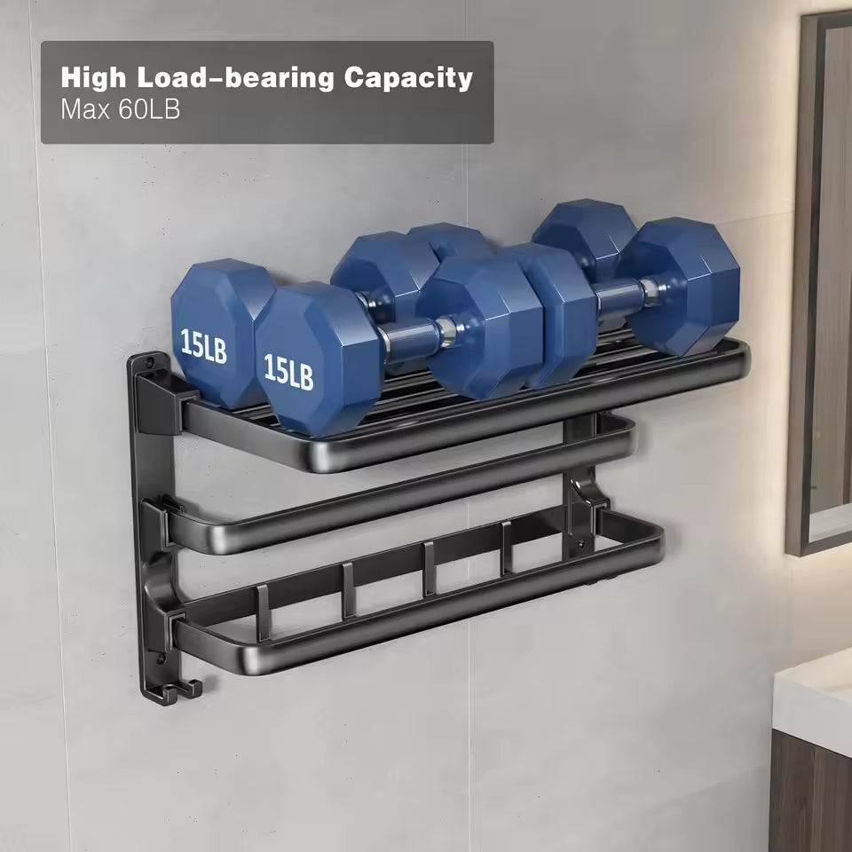 Foldable Wall-Mounted Towel Rack with Shelf & Hooks
