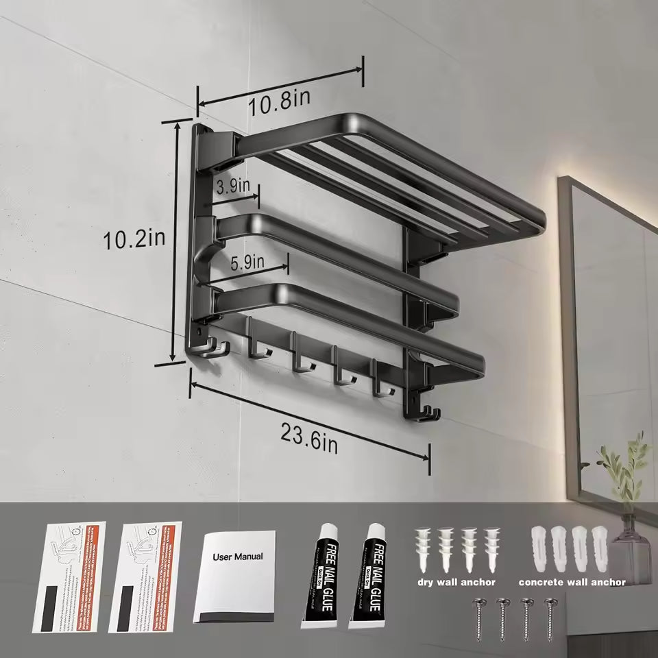 Foldable Wall-Mounted Towel Rack with Shelf & Hooks
