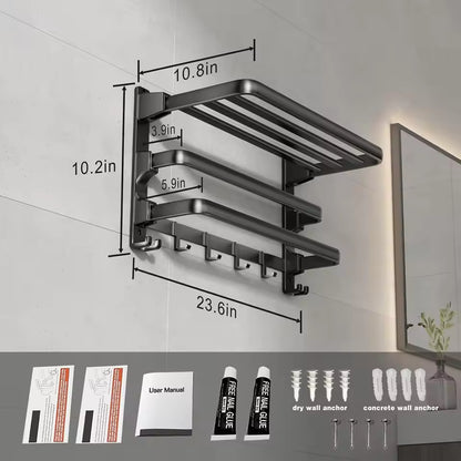 Foldable Wall-Mounted Towel Rack with Shelf & Hooks